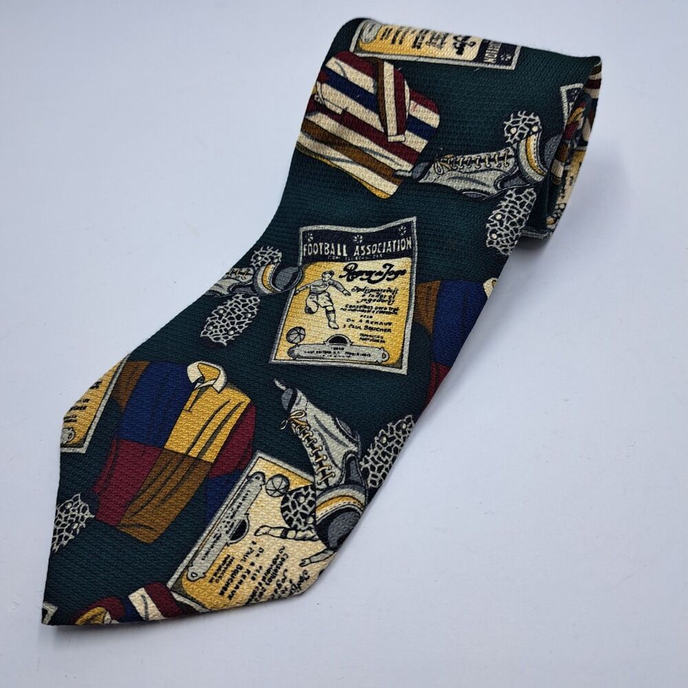 Structure Vtg Mens Tie Green Silk Soccer Rugby Football Sports Novelty 90s USA
